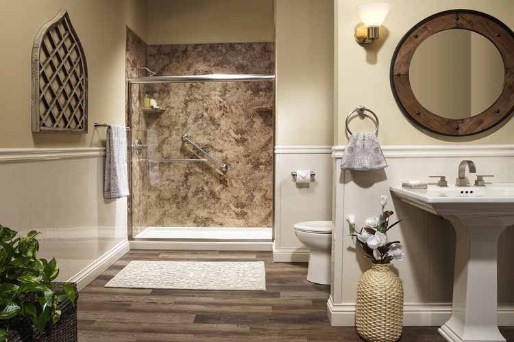 walk in shower and marble walling